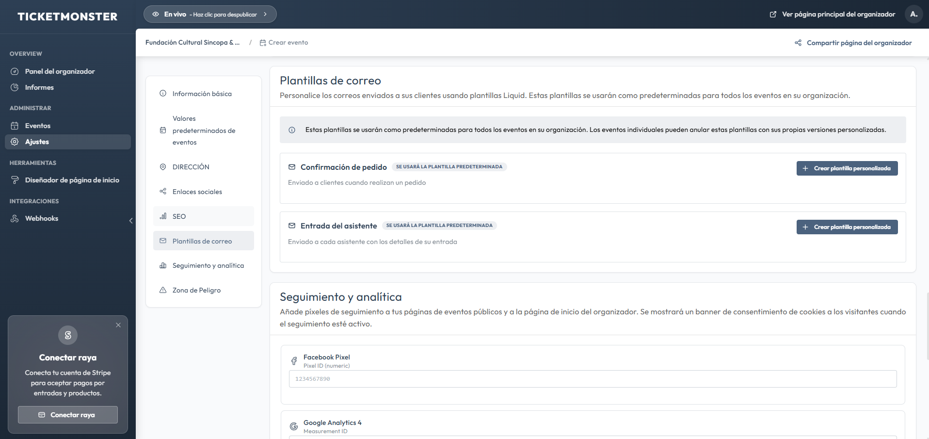 Panel de control analítico de eventos de TicketMonster